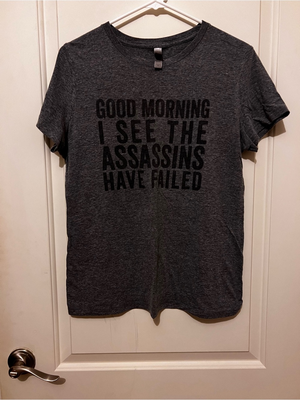 Next Level Apparel Dark Gray Graphic Tee with Black Text